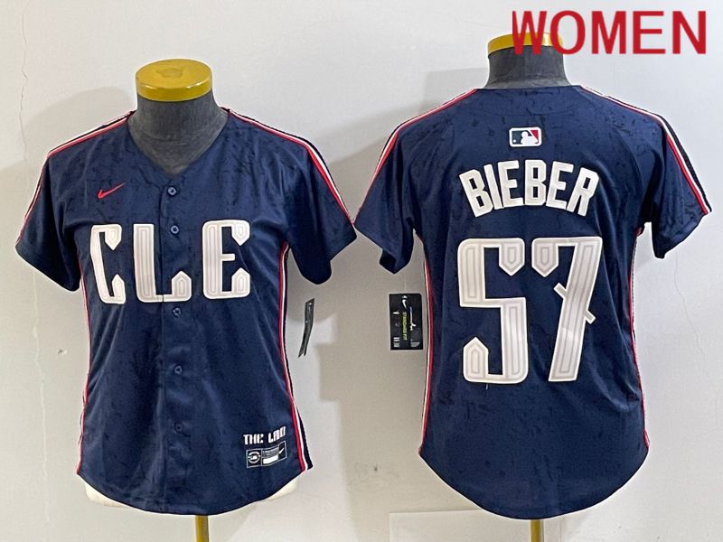 Women Cleveland Indians #57 Bieber Blue City Edition Nike 2024 MLB Jersey style 1->women mlb jersey->Women Jersey